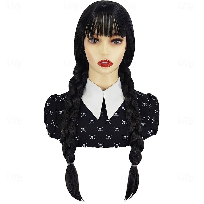 Black Wig with Bangs Long Pigtails Wig for Women Girls Addams Family  Hair Wig for Cosplay Party Wigs Halloween Wigs