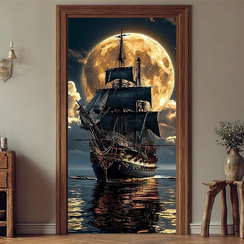 Tapestry Door Cover Outdoor Banners Moon Pirate Ship Fantasy Mystic Bedroom Living Room Teens Room College Dorm Guys Man Cave Frat Bedroom Home Decor4