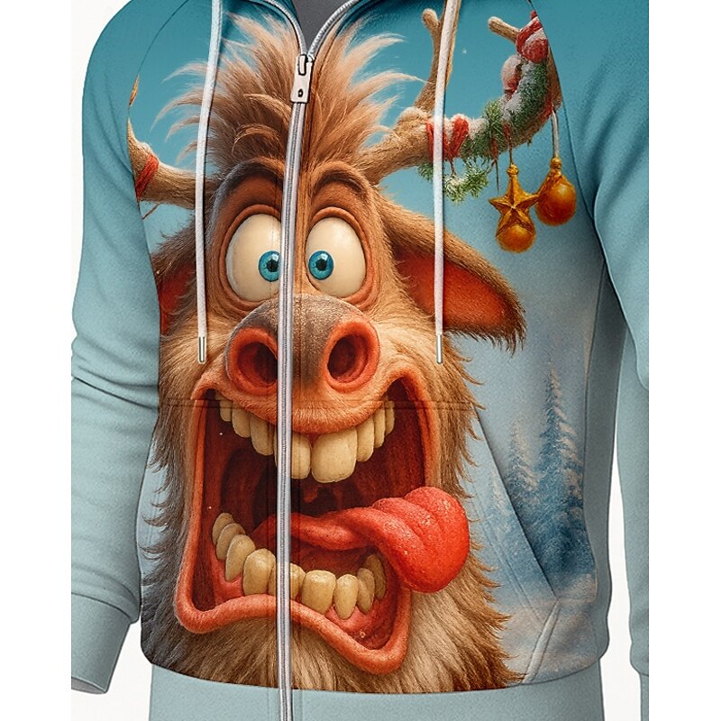 Christmas Men's Hoodie Tracksuit 2 Piece Tracksuit Drawstring Zip Up Animal Patterned Clothing Suit Fall Blue Vocation Outdoor Travel Lightweight Fashion Long Sleeve Sport Activewear Stretchy Regular3