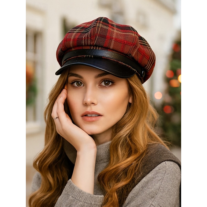 Women's Plaid Newsboy Cap with PU Leather Visor, Vintage Gatsby Baker Boy Hat in Multiple Colors, Stylish Christmas Party Accessory and Winter Gift