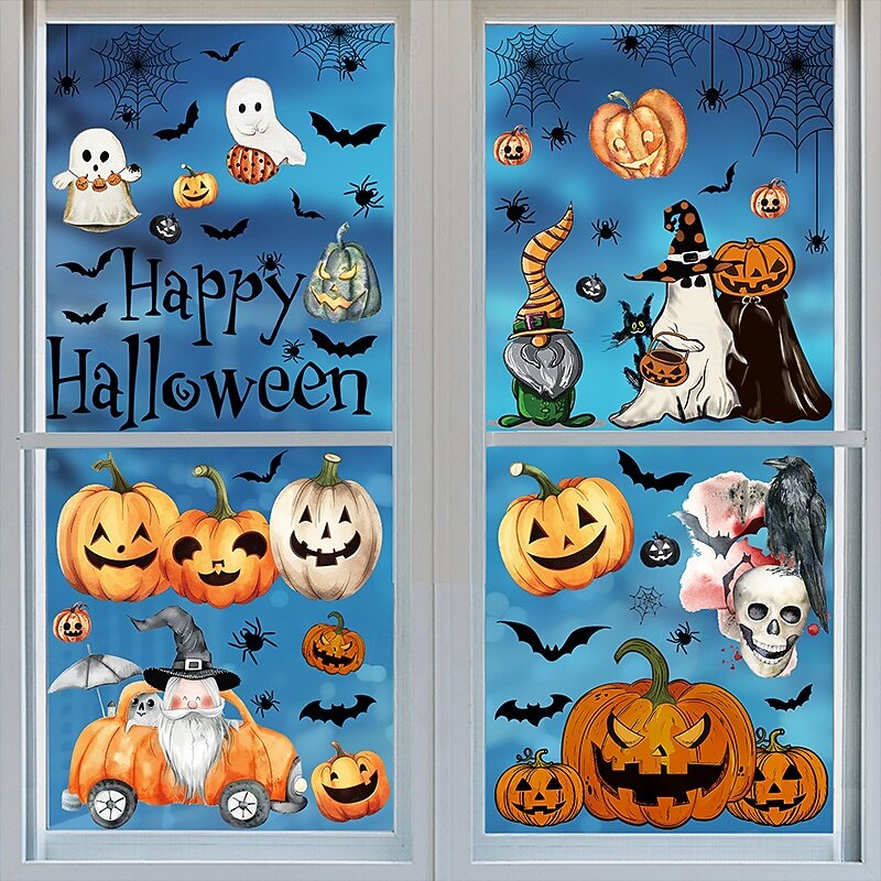 8 Sheets Halloween Window Clings, Cartoon Hand-Drawn Gnome Pumpkin Decals, Static Stickers for Windows, Halloween Party Home & Store Decorations