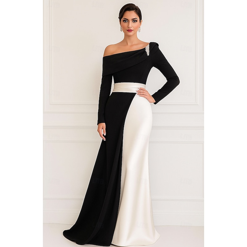 A-Line Evening Gown Elegant Formal Dress Formal Wedding Floor Length Long Sleeve One Shoulder Capes Satin with Rhinestone 2025