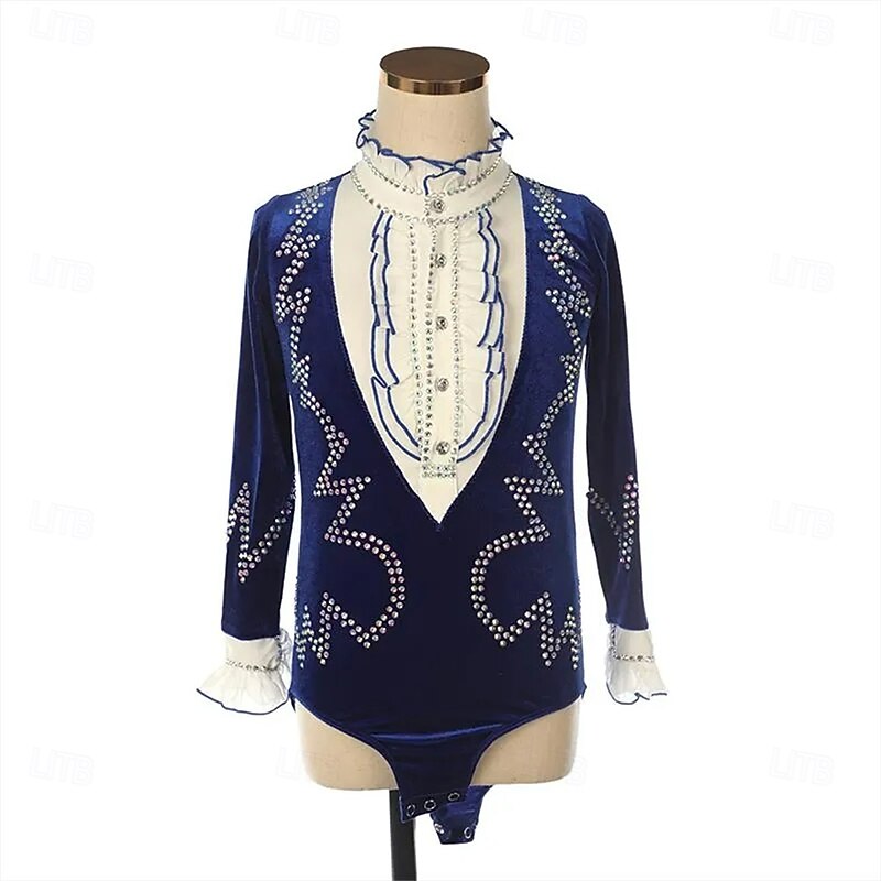 Figure Skating Top Men's Boys' Ice Skating Tops Blue White Patchwork Spandex High Elasticity Training Competition Skating Wear Classic Crystal / Rhinestone Long Sleeve Ice Skating Figure Skating