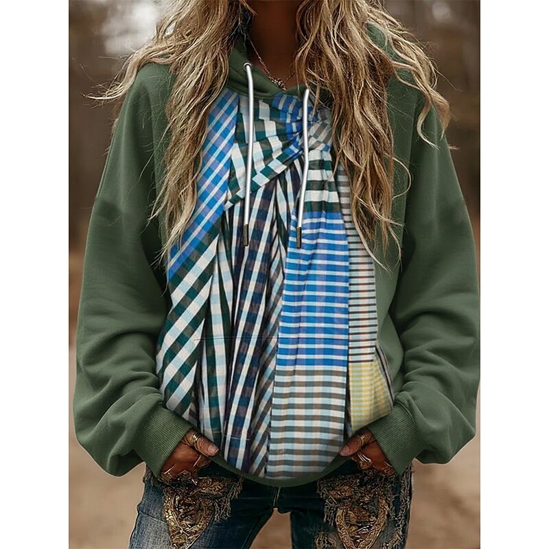 Women's Pullover Hoodies Geometric Striped Fashion Streetwear Casual Long Sleeve Hooded Regular Tops Dailywear Casual Sports Drawstring Pocket Print Green Spring Fall