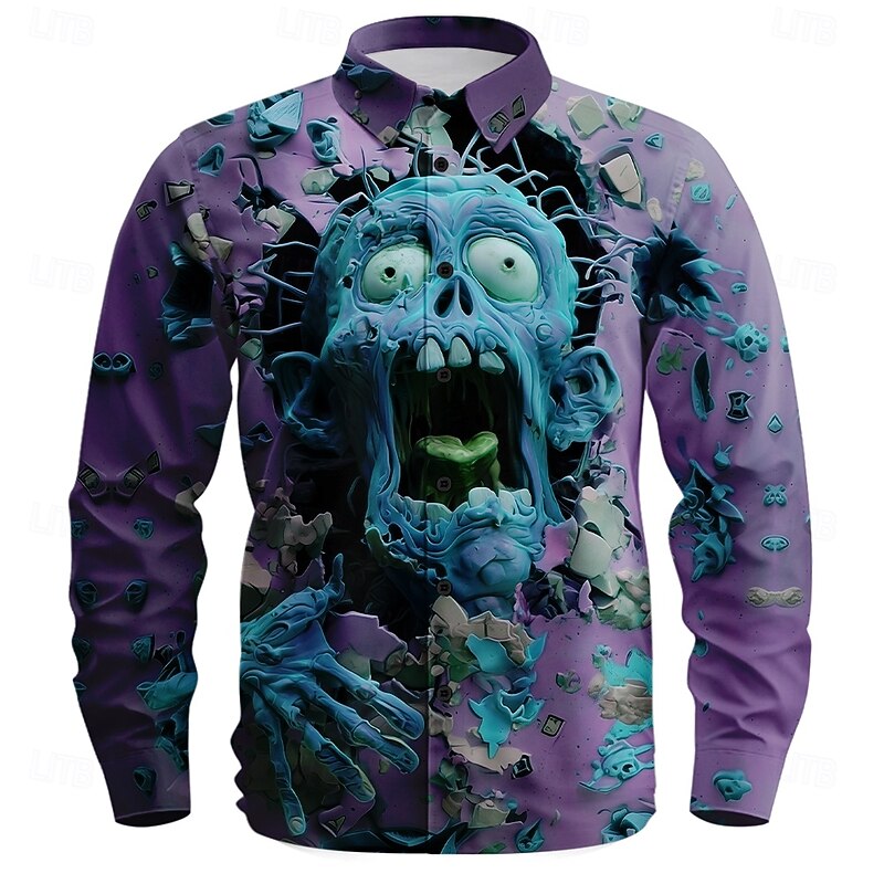 Halloween Men's Zombies Horror Cracked Wall Shirt Button Up Shirt Long Sleeve Dark Gothic Style Outdoor Casual Daily Spring Fall Turndown 3D Print Collared Shirts Blue Purple Green2