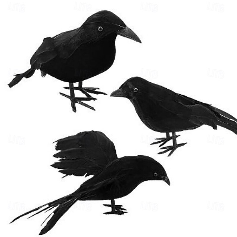 3 Pack Halloween Black Feathered Crows, Black Crows with Real Feather Halloween Decoration for Indoor Outdoor4
