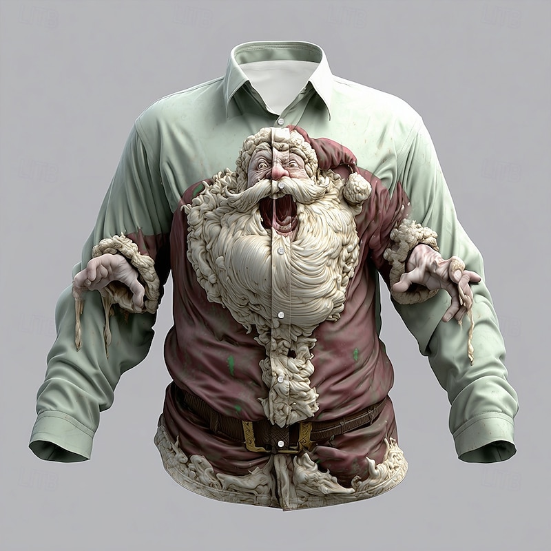 Christmas Men's Santa Claus Ugly Christmas Cracked Wall Shirt Button Up Shirt Long Sleeve Vintage Retro Outdoor Holiday Spring Fall Turndown 3D Print Linen Like Shirt Light Green Green2