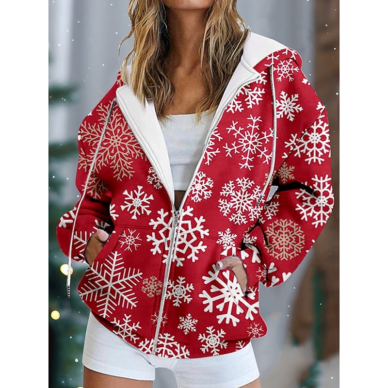 Women's Zip Up Hoodies Graphic Snowflake Christmas Fashion Casual Long Sleeve Hooded Regular Tops Street Dailywear Zip Up Zipper Pocket Black Wine Red Light Blue Fall Winter2