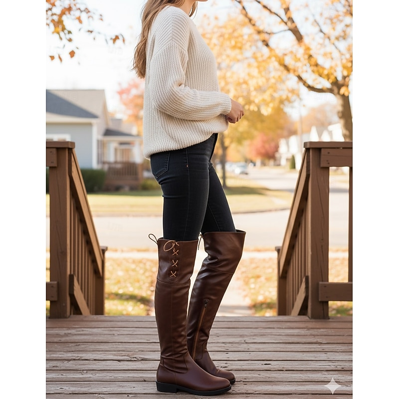 Women's Brown Knee-High Riding Boots with Side Lace-Up - Stylish and Casual Tall Boots for Fall3