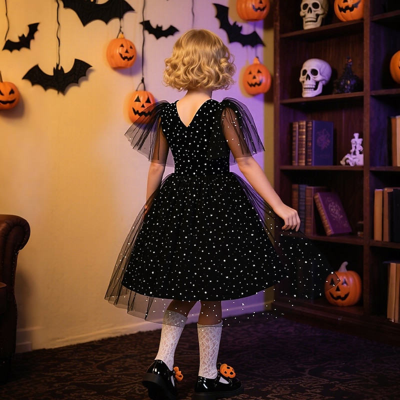 Kids Girls' Party Dress Solid Color Short Sleeve Special Occasion Birthday Princess Sweet Polyester Midi Party Dress Summer Spring Fall kids Black2