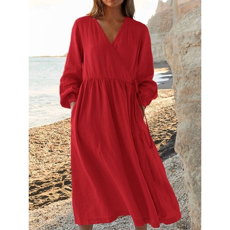 Women's Midi Dress A Line Dress Casual Daily Loose Fit Plain Long Sleeve V Neck Black White Yellow Red Summer Spring Fall3