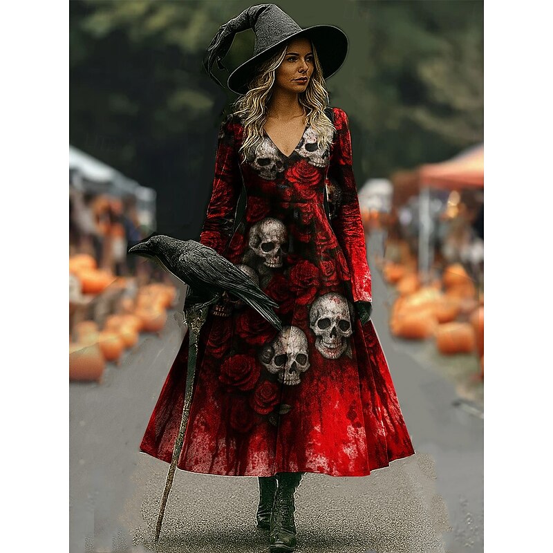 Halloween Women's Maxi Dress A Line Dress Vacation Casual Boho Beach Regular Fit Graphic Skull Bull Long Sleeve V Neck Black Wine Dark Grey Spring Fall2