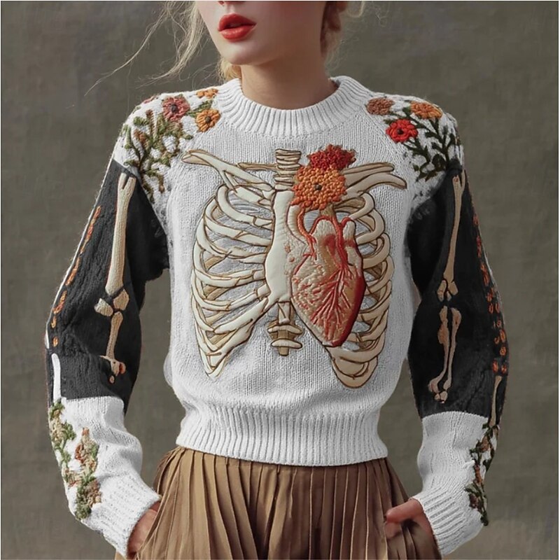 Women's Sweater Cute Streetwear Casual Graphic Skeleton Crew Neck Patchwork Knitted Long Sleeve Regular Tops Knit Halloween White Blue Fall Winter3