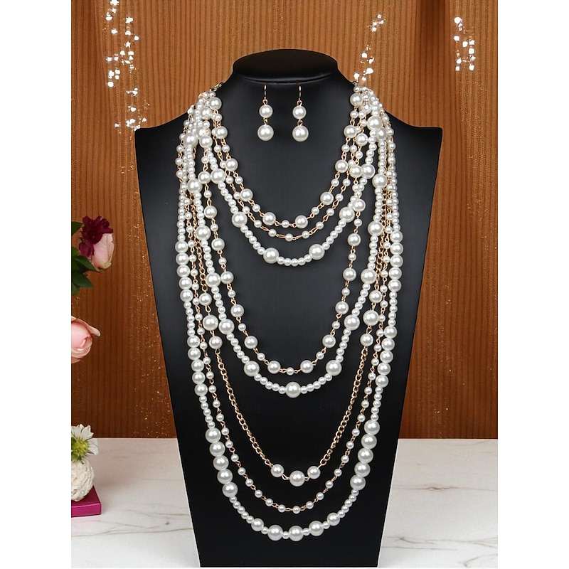Women's Layered Pearl Necklace & Drop Earrings Set - Vintage Gatsby Jewelry for Cocktail Parties and 1920s Themed Events2