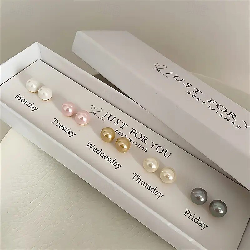5 Pairs Faux Pearl Stud Earrings Gift Box Set, Elegant and Luxurious, Mix-and-Match Daily Earrings for Monday to Friday
