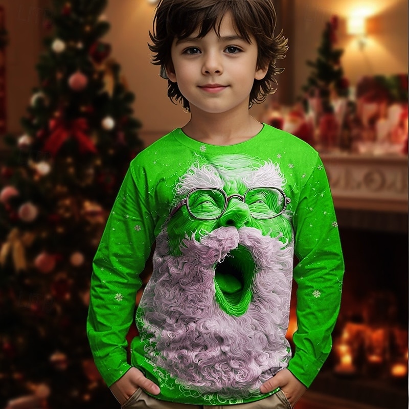 Christmas Boys' 3D Graphic Santa Claus T shirt Tee Long Sleeve Spring Fall Fashion Basic Kids 4-12 Years Crew Neck Outdoor Casual Daily Regular Fit2