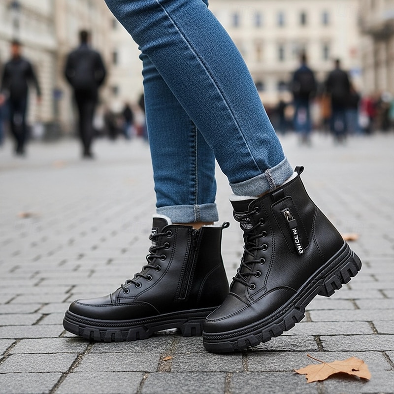 Women's Black Faux Fur Lined Platform Combat Ankle Boots, Cozy & Edgy with Non - Slip Lug Sole, Ideal for Winter
