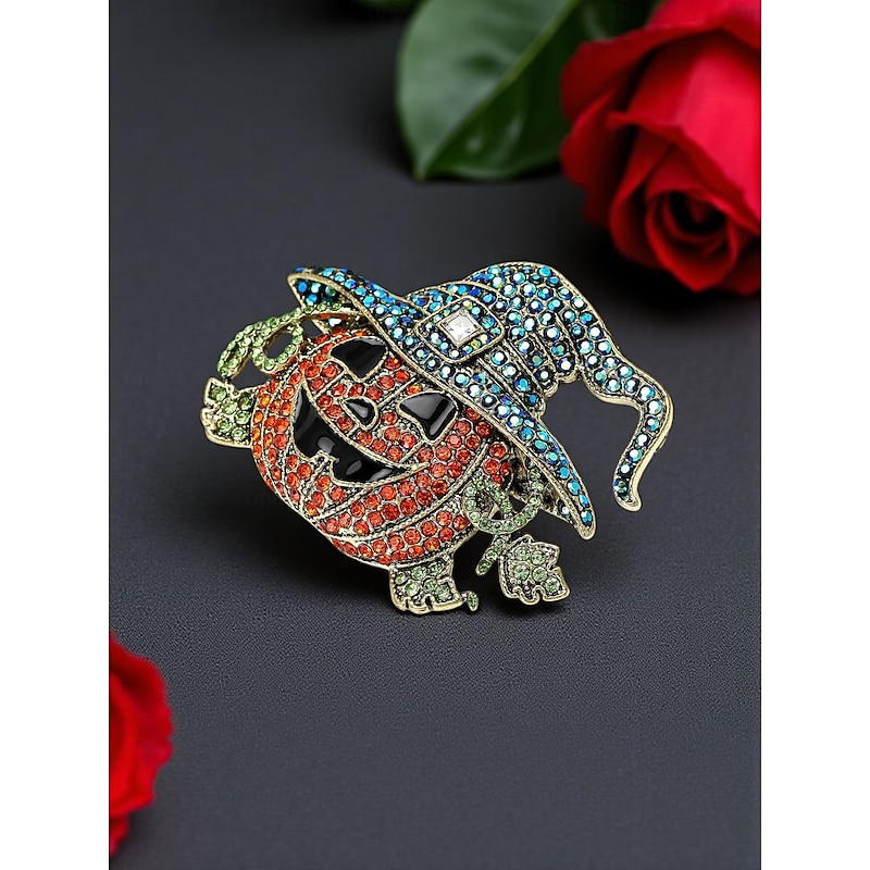 Women's Halloween Pumpkin Witch Hat Brooch - Sparkly Rhinestone Pin Badge for Costume Party and Festive Accessories3