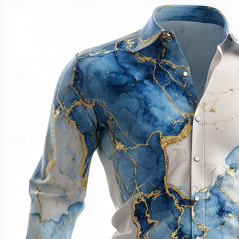Men's Marble Abstract Liquid Art Shirt Button Up Shirt Long Sleeve Fashion Casual Outdoor Dailywear Spring Fall Turndown 3D Print Linen Like Shirt Blue Purple2