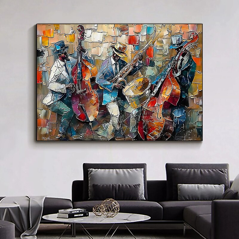 Large Abstract Jazz Band Oil Painting on Canvas Wall Art, Original Black Jazz Music Art Custom Painting Fashion Decor Living Room Home Decor2