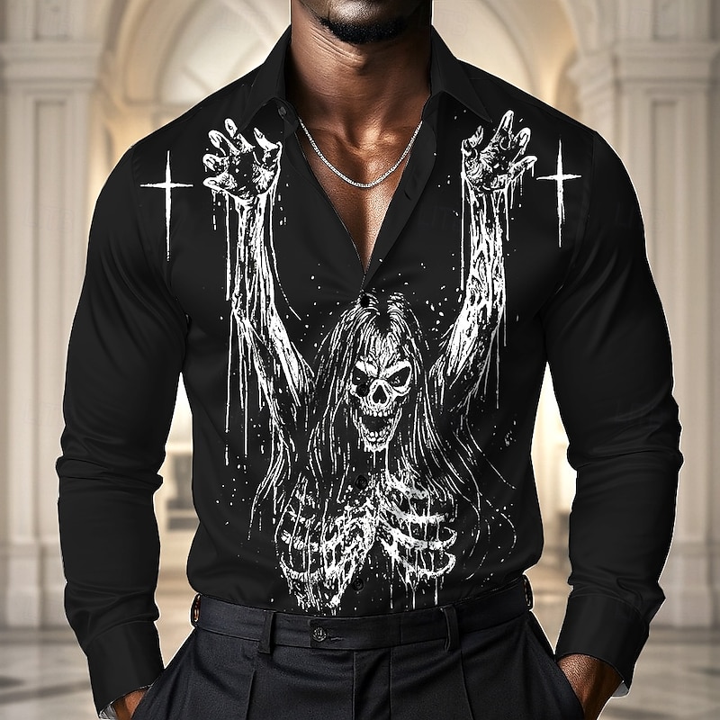 Halloween Men's Skull Skeleton Cross Shirt Satin Shirt Dress Shirt Long Sleeve Dark Gothic Style Outdoor Holiday Summer Spring Fall Turndown 3D Print Button Up Shirts Black White