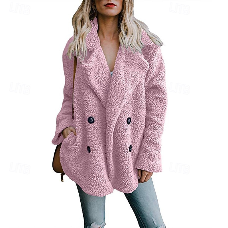 Women's Sherpa Jacket Comfortable Breathable Buttons Elegant Casual Plain Vacation Street Casual Daily Wear Double Breasted Regular Hooded Regular Fit Long Sleeve Outerwear Pink Green Khaki Spring3