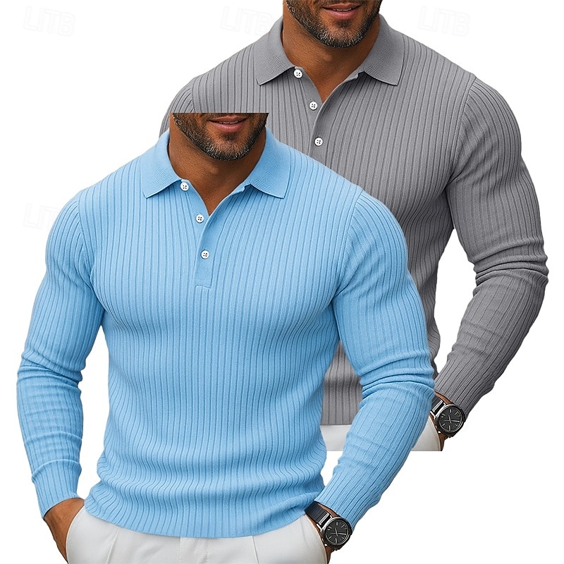 Men's Rib Knit Top Golf Polos Shirts Street Casual Lapel Long Sleeve Basic Modern Plain 2 Piece Buttons Spring Fall All Seasons Slim Fit Gray / Navy Gray / White Blue + White Blue + Gray Blue + Navy4