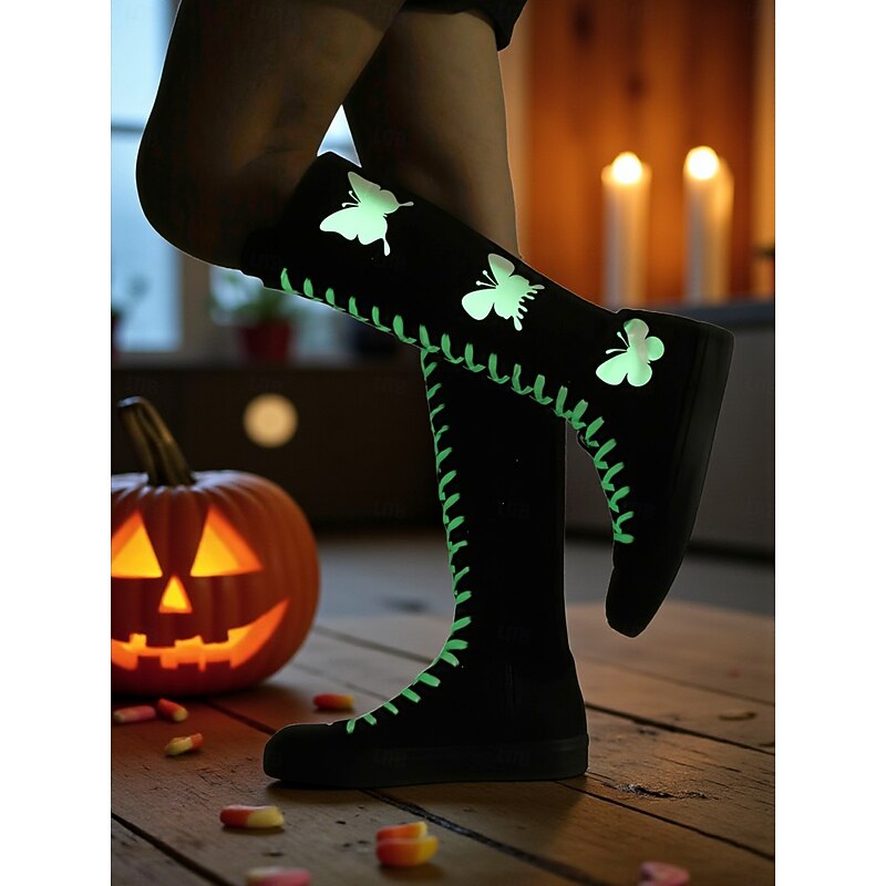 Korean Idol Inspired Pop Star Costume Shoes, Women's Black Halloween Knee High Boots – Glow in the Dark Lace-Up Canvas Shoes with Butterfly Print for Party and Festival4