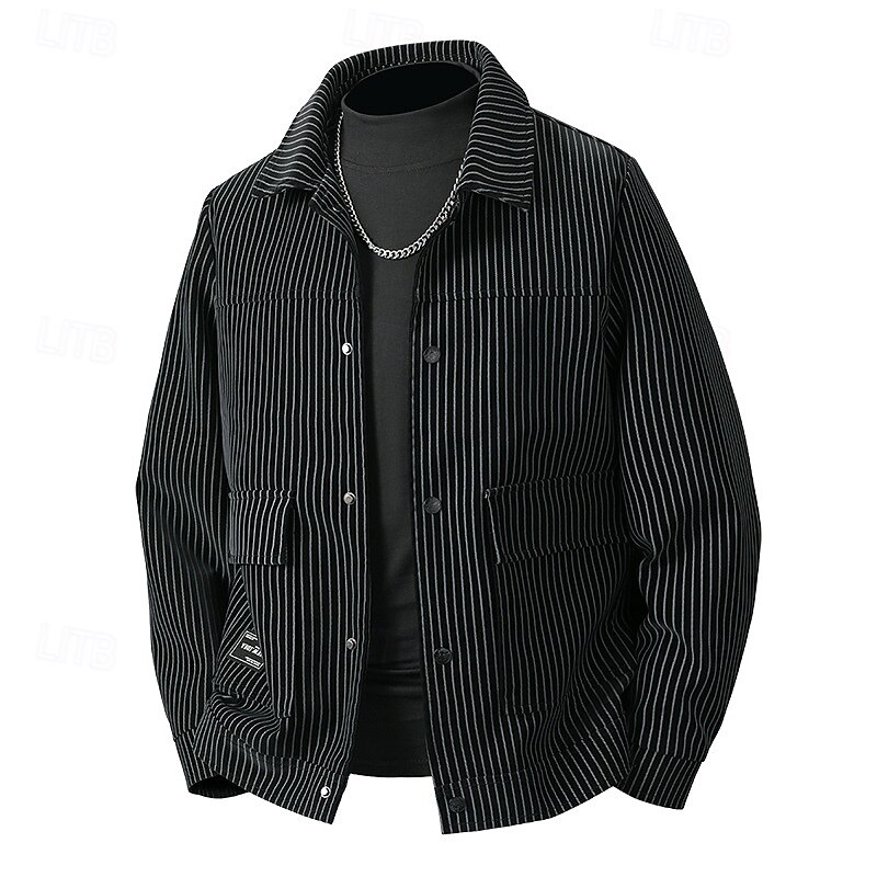 Men's Lightweight Jacket Cargo Jacket Casual Jacket Vacation Daily Breathable Pocket Spring Fall Stripe Fashion Classic Lapel Regular Black Coffee Jacket2