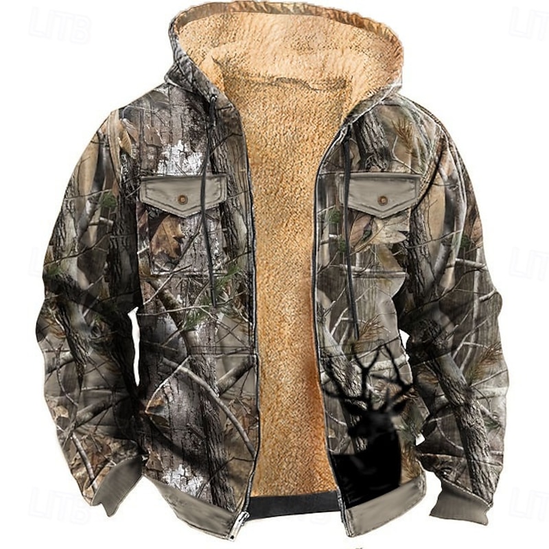 Men's Camo Camouflage Fleece Hoodie Jacket Fashion Cool Hooded Hunting Blue Green Zipper Pocket Fall Winter Designer