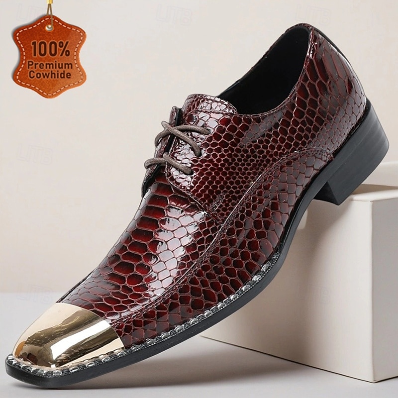 Men's Burgundy Genuine Leather Snake Print Lace-Up Dress Shoes with Metal Toe – Fashion Banquet and Cocktail Party Shoes
