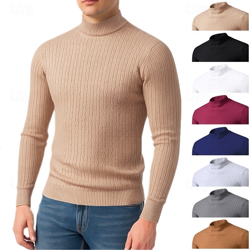 Men's Sweater Pullover Sweater Jumper Ribbed Knit Regular Tops Knitted Slim Fit Plain High Neck Knitwear Contemporary Casual Daily Wear Clothing Apparel Fall Wine Black M L XL