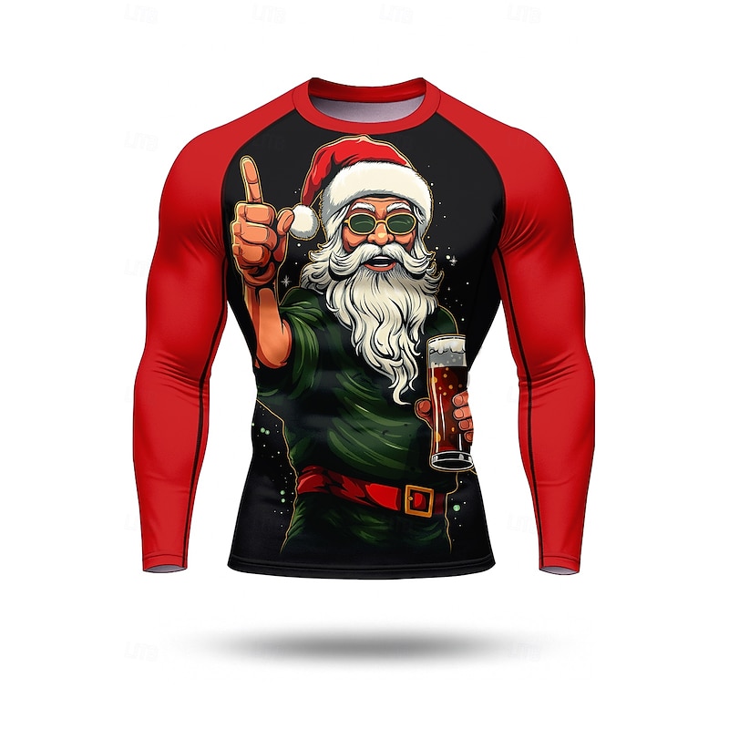 Christmas Men's Compression Shirt Running Shirt Long Sleeve Base Layer Quick Dry Compression Power Flex Moisture Wicking Gym Workout Active Training Exercise Sportswear Activewear Red Green