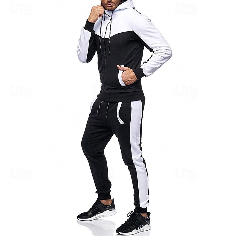 Men's 2 Piece Tracksuit Lounge Hoodie Sweatsuit Sets Color Block Clothing Suit Spring Dark Grey Black Gym Workout Running High Waist Lightweight Fashion Long Sleeve Sport Activewear Micro-elastic2