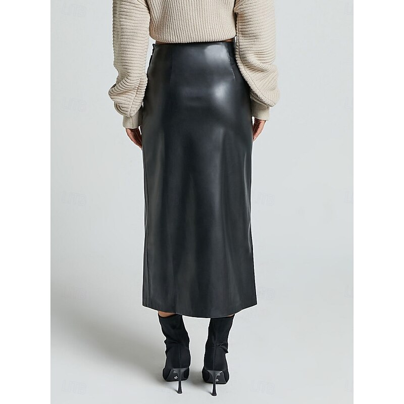 Women's Skirt Bodycon Fashion Midi High Waist Skirts Plain Split Ends Micro-elastic Street Daily Black Brown Beige Spring Polyester Faux Leather4