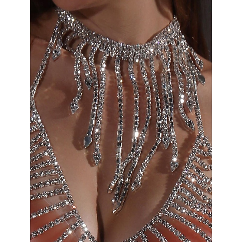 Women's Rhinestone Fringe Choker Necklace - Sparkly Statement Jewelry for Nightclub, Cocktail and Party Outfits2