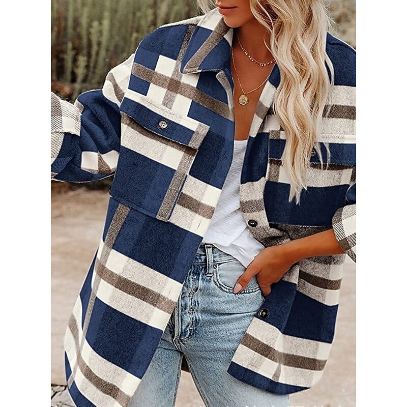 Women's Winter Jacket Casual Jacket Comfortable Breathable Pocket Buttons Print Casual Plaid Vacation Street Casual Daily Wear Single Breasted Regular Turndown Regular Fit Long Sleeve Outerwear Black4