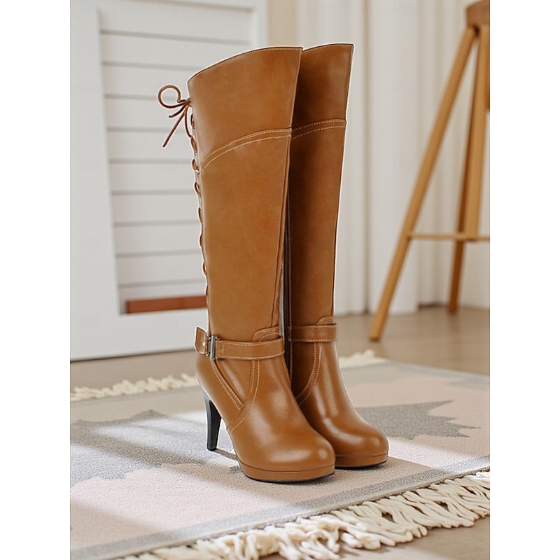 Women's High Heeled Knee-High Boots with Lace-Up Back Design - Chic, Stylish, and Perfect for Casual or Dressy Occasions3