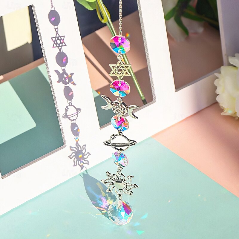 Star and Moon Crystal Sun Catcher Pendant, Hanging Ornament and Wind Chime, Rainbow Garden Decoration, Crystal Suncatcher for Porch, Patio, Balcony, Courtyard, Indoor/Outdoor Home Décor, Perfect Gift