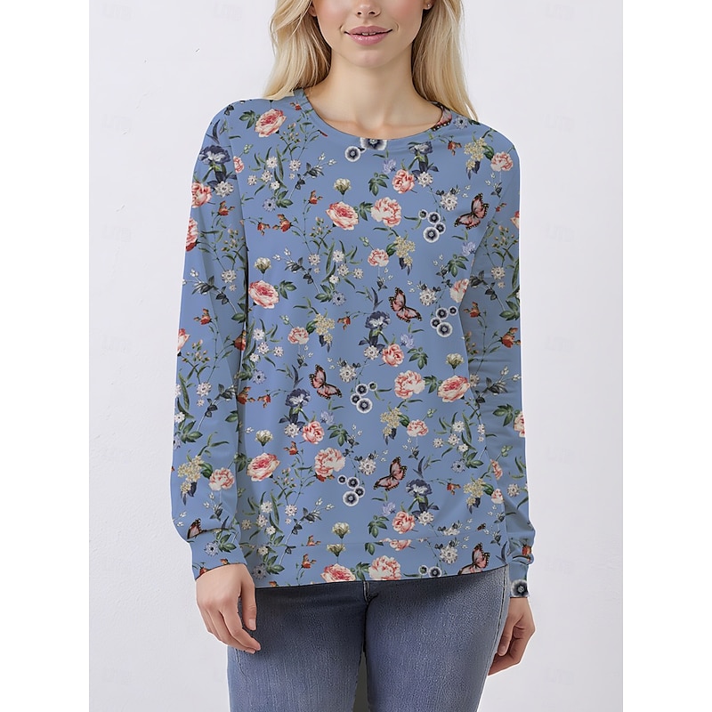 Women's Pullover Sweatshirt Hoodies Floral Graphic Classic Casual Print Long Sleeve Crew Neck Round Neck Regular Tops Casual Holiday Print Blue Fall Winter