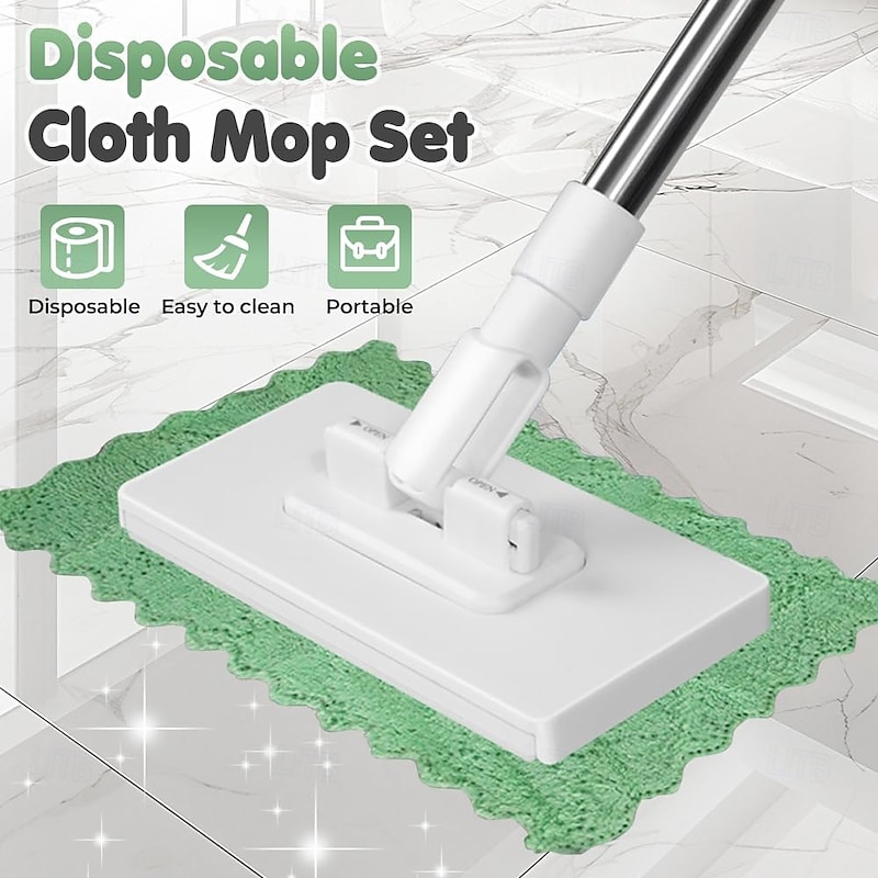 Disposable Dust Mop with 4 Reusable Cloths 39" Long Handle Wet and Dry Mopping Sweeper Stick with Locking Head & Sweeping Cloths for Multi Surface Floor Cleaning4