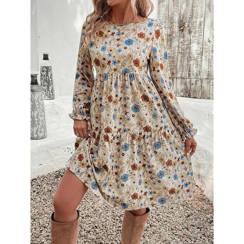 Women's Midi Dress A Line Dress Casual Daily Regular Fit Floral Long Sleeve V Neck Apricot Spring Fall4