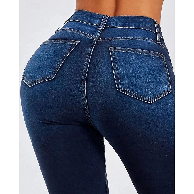 Women's Jeans Flare Bell Bottom Vacation Vintage Fashion Full Length Medium Waist Plain Pocket Buckle Comfortable Micro-elastic Outdoor Vacation Daily Deep Blue Light Blue Spring Fall Winter Regular4