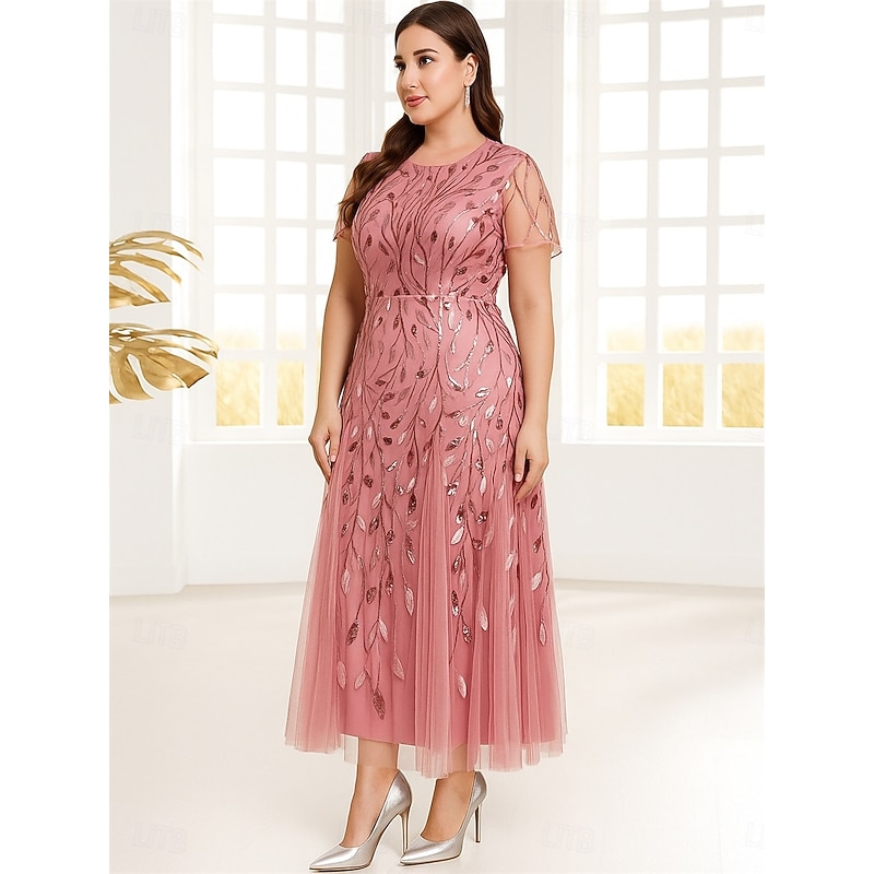 A-Line Mother of the Bride Dress Plus Size Sparkle & Shine Crew Neck Ankle Length Polyester Short Sleeve with Ruched Beading4