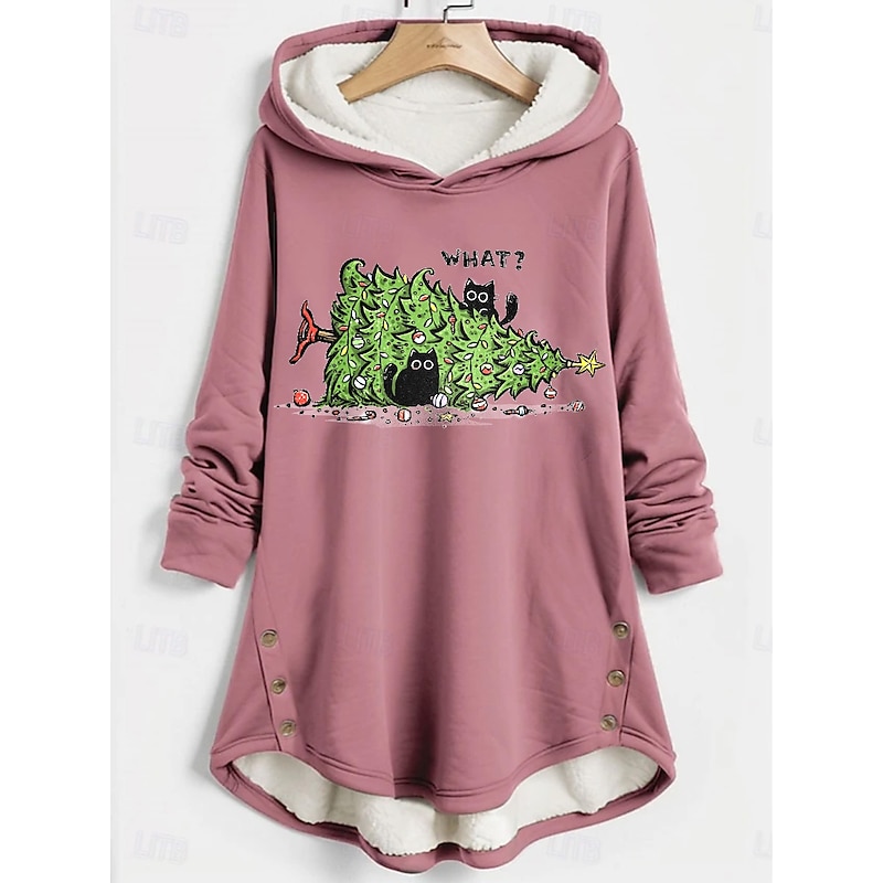Women's Pullover Hoodie Sweatshirt Graphic Cat Christmas Tree Warm Casual Fuzzy Long Sleeve Hooded Long Tops Casual Sports Print Pink Blue Gray Fall Winter3