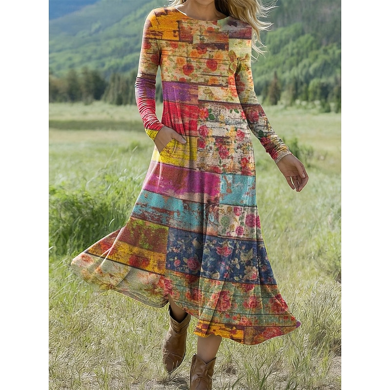 Women's Midi Dress A Line Dress Fit And Flare Dress Vacation Casual Daily Regular Fit Floral Graphic Long Sleeve Crew Neck Pink Red Orange Rainbow Spring Fall Winter3