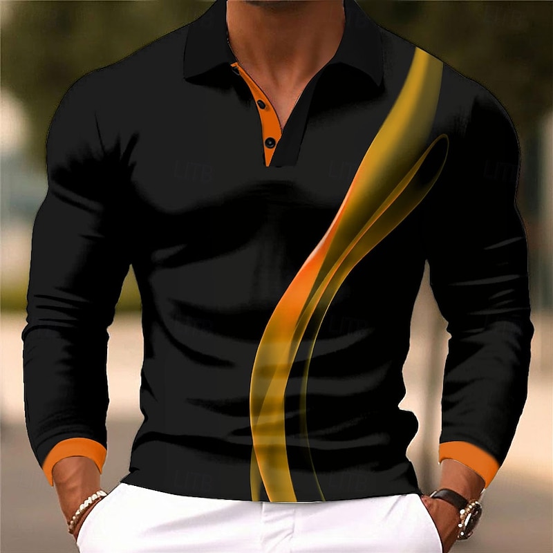 Men's Geometic Line Polo Long Sleeve Polo Shirts Collared Shirts Business Casual Business Athleisure Daily Wear 3D Print Buttons Spring Fall Winter Blue Purple Orange2