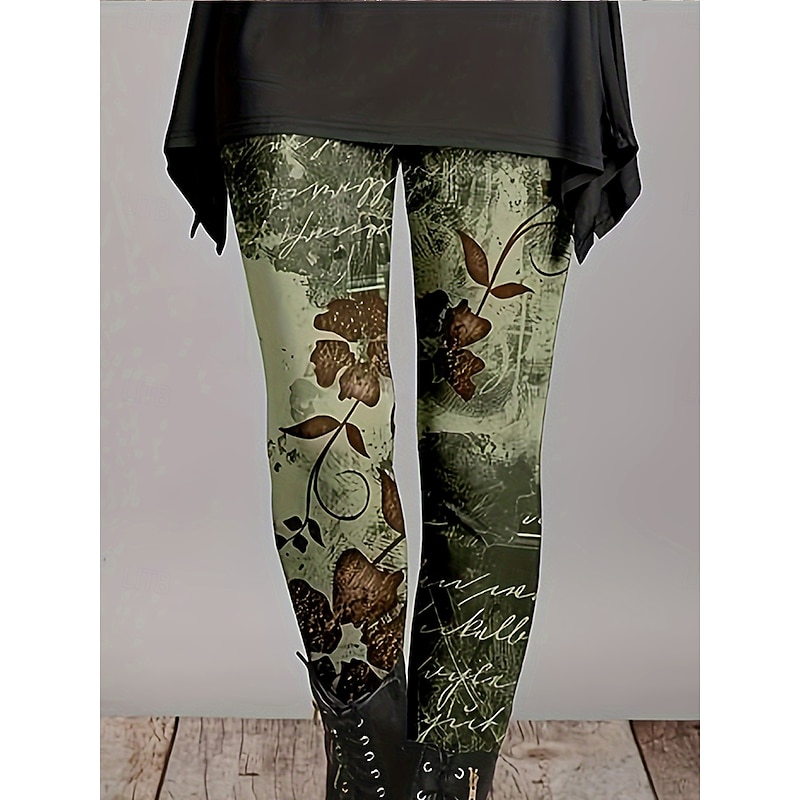 Women's Slacks Leggings Cozy Leggings Vacation Vintage Streetwear Full Length Natural Floral Graphic Elastic Waist Print Comfy Outdoor Comfortable Stretchy Formal Outdoor Vacation Gray Green Light2