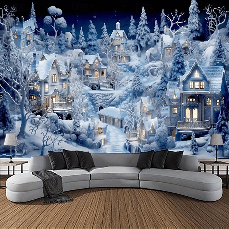 Chrismas Hanging Tapestry Gingerbread House Christmas Tree Snowy Castle Snow Covered Street Large Wall Art Mural Decor Blanket Curtain Holiday Home Bedroom Living Room Festive Party Decoration2