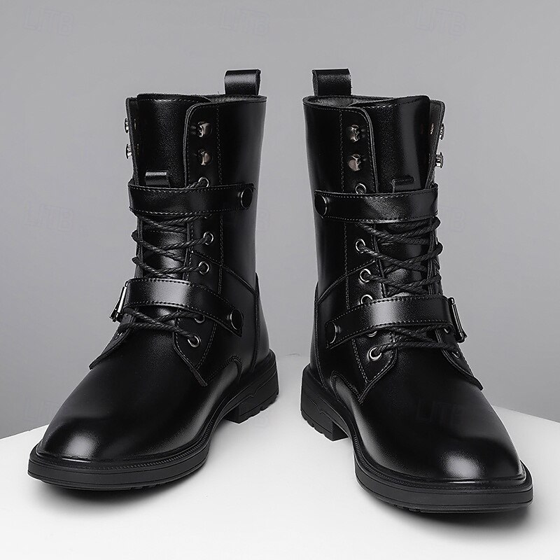 Black Faux Leather Men's Lace-Up Combat Boots with Rugged Sole, Chunky Design and Military Style – Perfect for Bikers, Punk Rock Fashion and Casual Outdoor Wear3